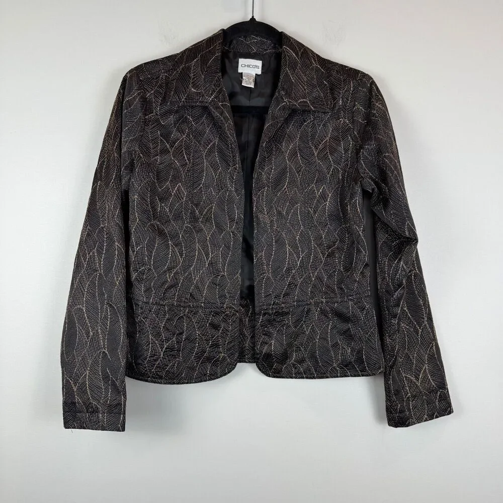 Chico's Blazer Jacket Womens 0 S Black Open Front Long Sleeve Mature Career Work